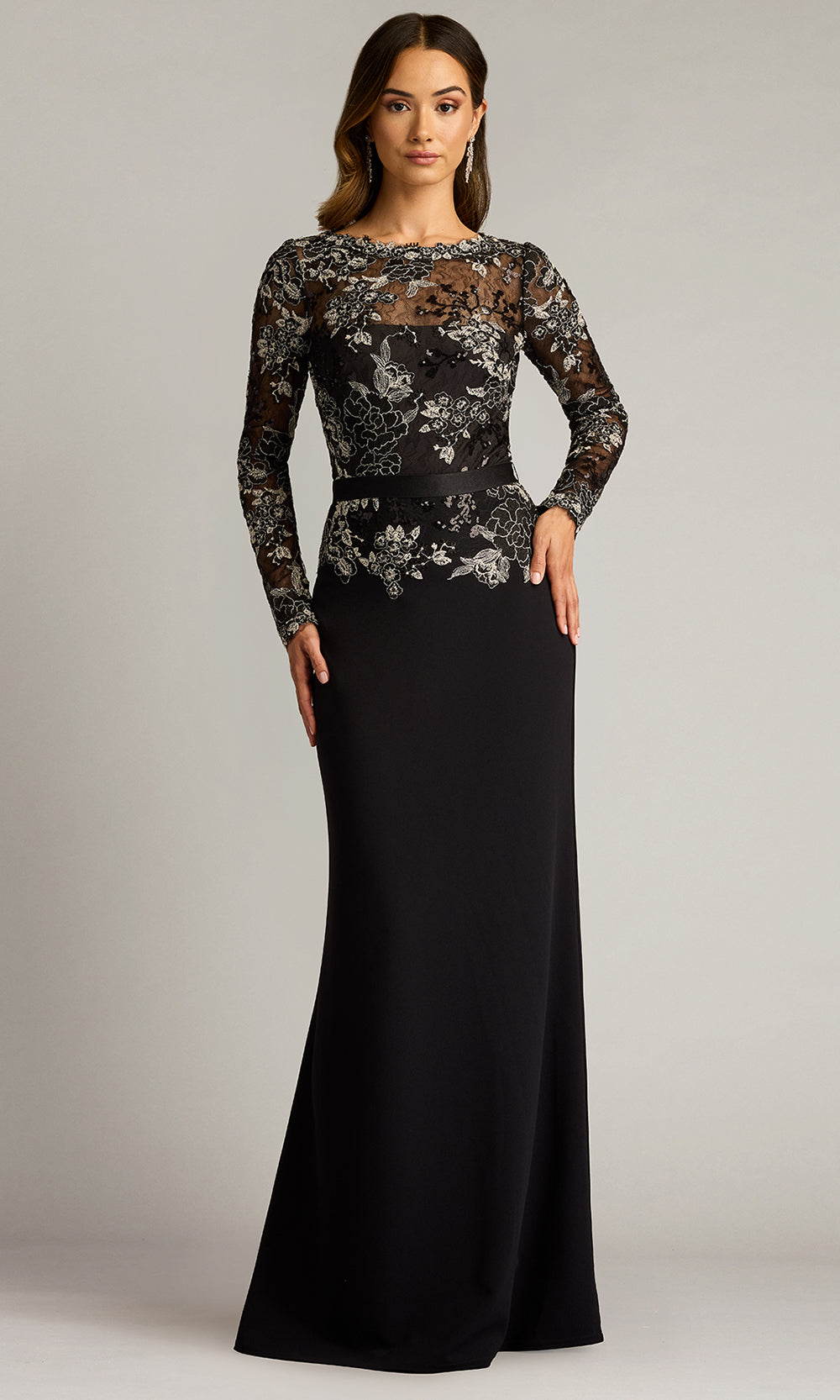 tadashi shoji long dresses Tadashi Shoji Rhinestone Floral Off the Shoulder Mixed Media Gown Ivory/Black