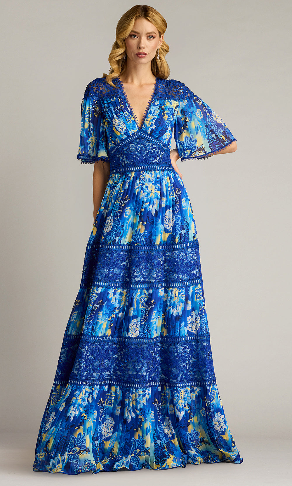 Tadashi Shoji CHQ25199L - Long Chiffon (100% Polyester) A-line Dress - Short Flutter Sleeves, Pleated Bodice, Floral Print, Wide Waistband, Laser-Cut Embroidered Trim, Full Back Couture Candy Tadashi Shoji CHQ25199L - Long Chiffon (100% Polyester) A-line Dress - Short Flutter Sleeves, Pleated Bodice, Floral Print, Wide Waistband, Laser-Cut Embroidered Trim, Full Back Couture Candy