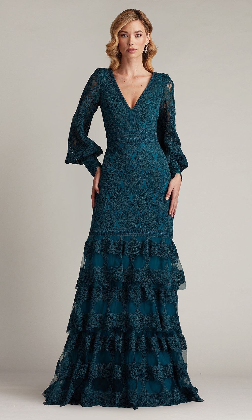 Tadashi Shoji CDY24268L - Aponi Tiered Embroidered Trumpet Gown Tadashi Shoji CDY24268L - Aponi Tiered Embroidered Trumpet Gown