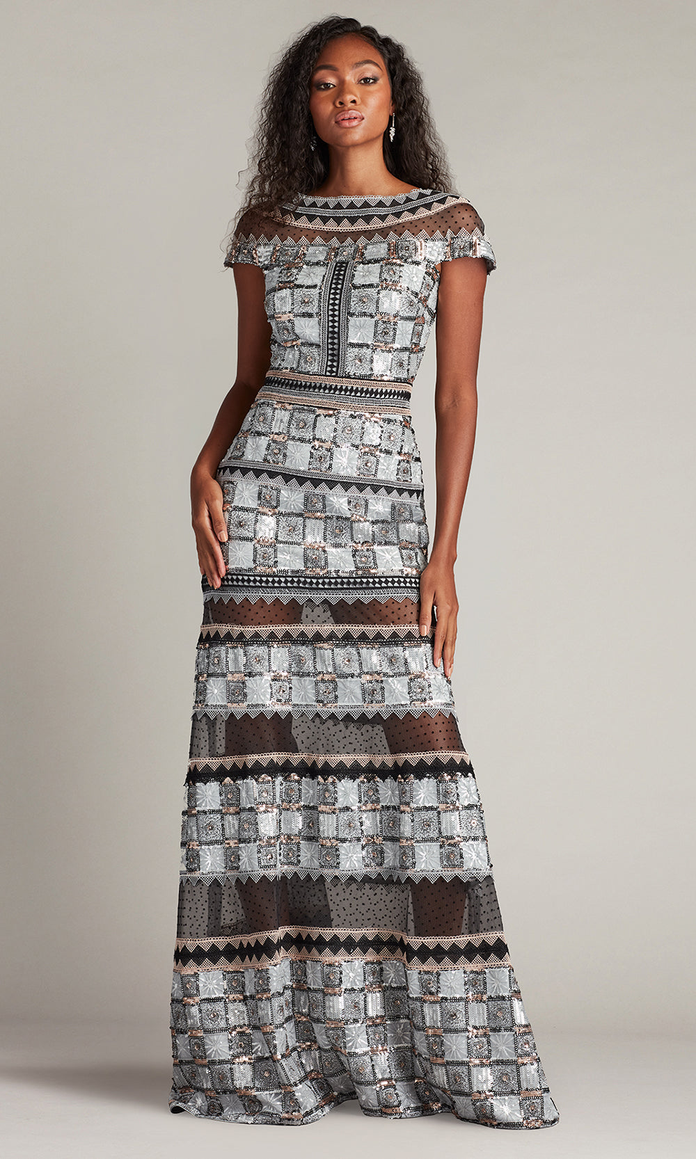 tadashi shoji sequin illusion lace dress Tadashi Shoji Women's Sequin Illusion Lace Gown - Metallic