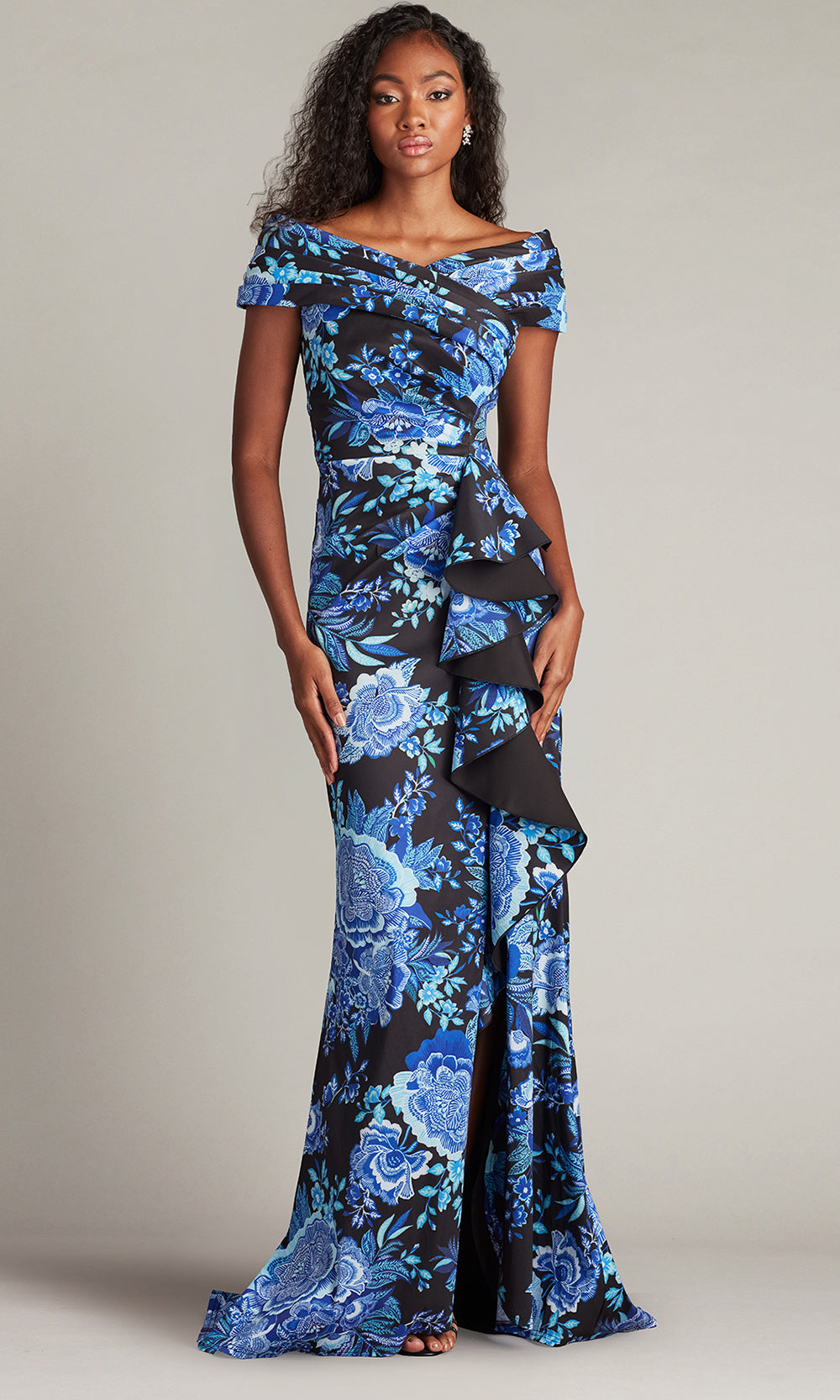 Tadashi Shoji Leticia Floral Waterfall Flounce Gown Tadashi Shoji Leticia Floral Waterfall Flounce Gown