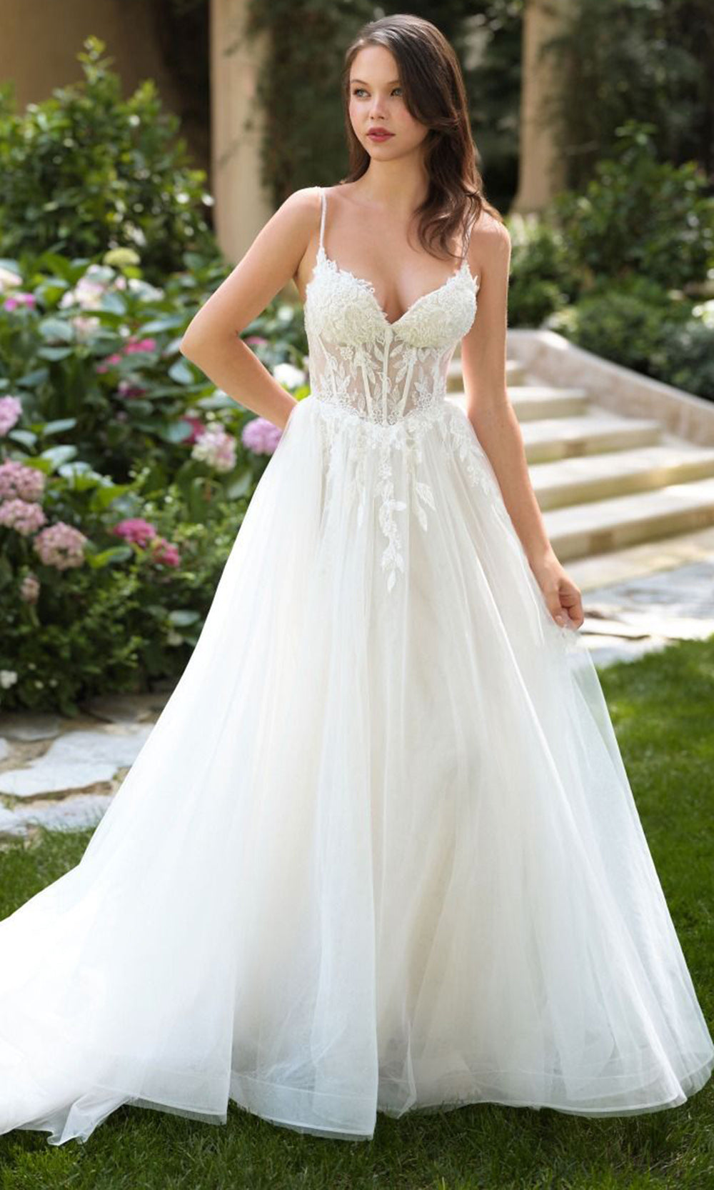 tulle a line wedding dress with floral appliques Elegant Strapless Bridal Gown with Floral Tulle Accents JB40091