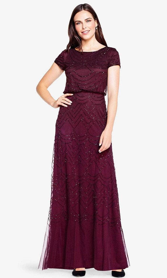 Adrianna Papell 191916100 - Cap Sleeve Beaded Mesh Evening Dress Special Occasion Dress 2P / Cassis