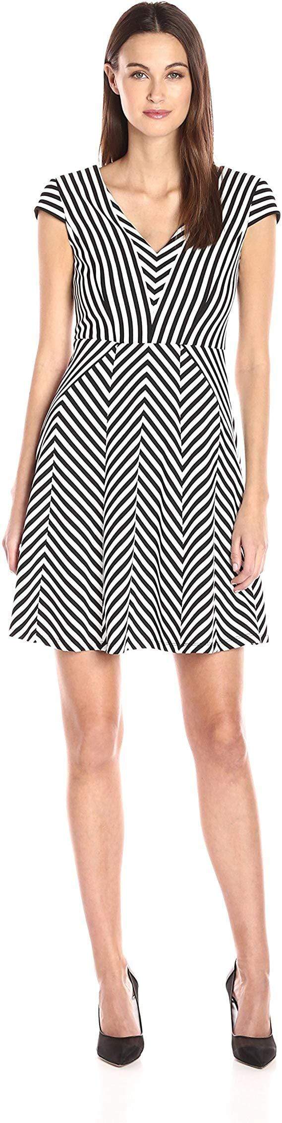 Adrianna Papell AP1D100624 Striped V-Neck A-Line Short Dress