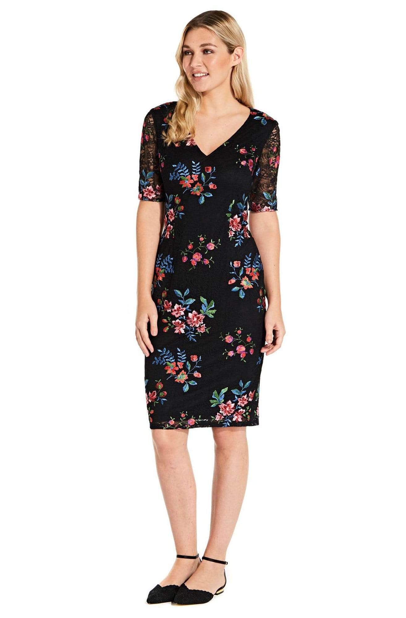 Adrianna Papell - AP1D102954 Floral Embroidered V-neck Sheath Dress Adrianna Papell - AP1D102954 Floral Embroidered V-neck Sheath Dress