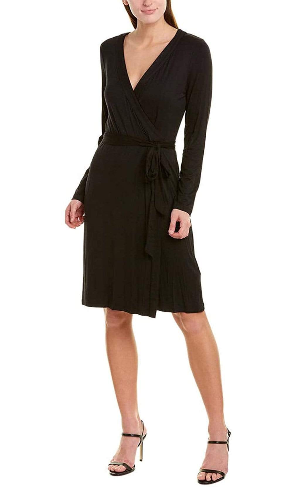 Adrianna Papell - AP1D103383 Knee Length Faux Wrap A-Line Dress - 2 / Black Adrianna Papell - AP1D103383 Knee Length Faux Wrap A-Line Dress - 2 / Black