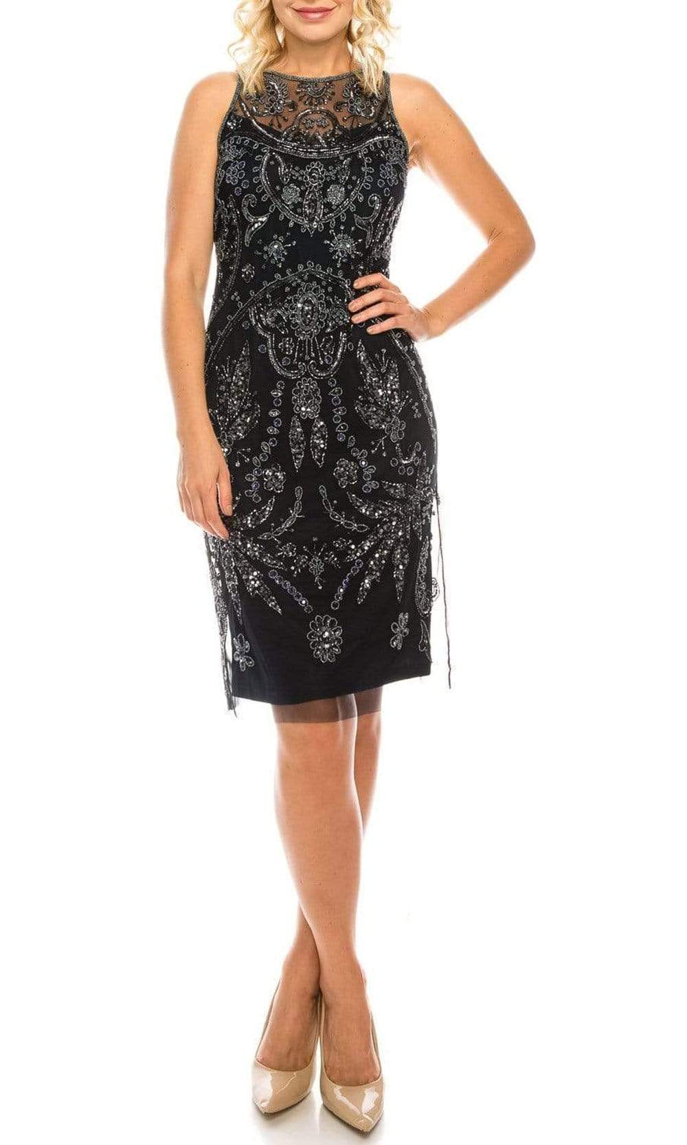 knee length adrianna papell dresses Jewel Neck Knee-Length Beaded Mesh Cocktail Dress with Long Sleeves Adrianna Papell AP1E212297 The Dress Outlet