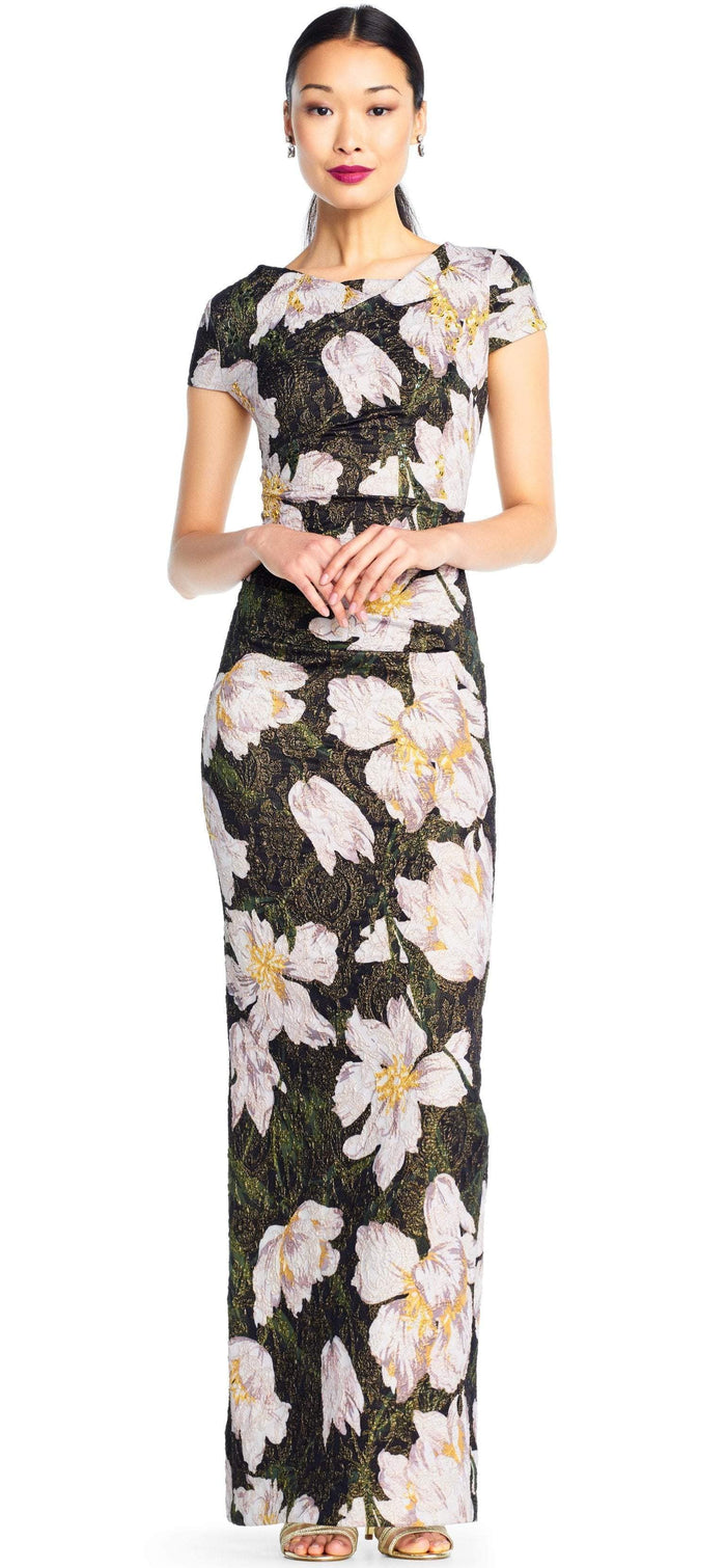 Adrianna Papell - AP1E203398 Floral Patterned Bateau Sheath Dress Special Occasion Dress 0 / Ivory Black