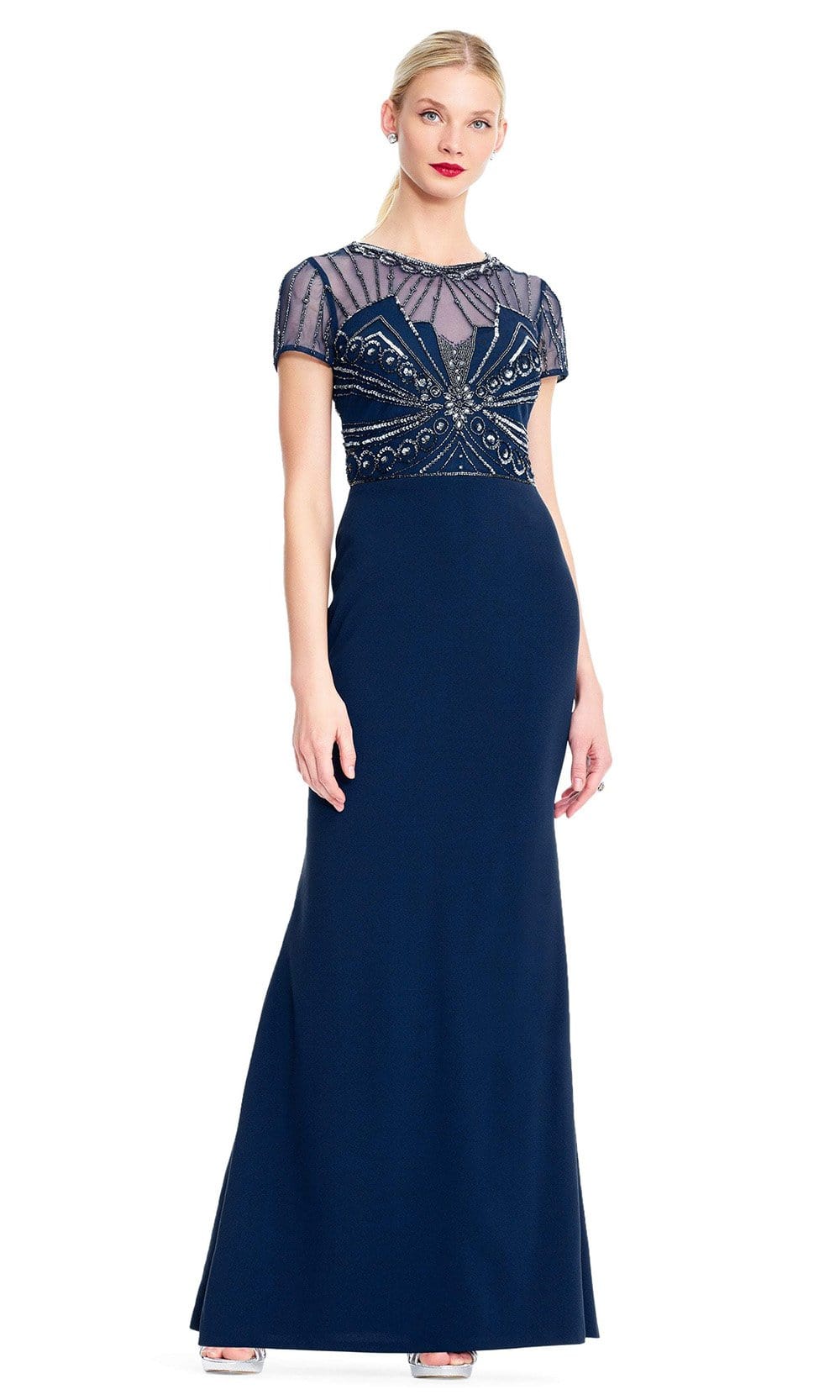adrianna papell blue beaded short dress ADRIANNA PAPELL Womens Navy Beaded Zippered Scalloped Overlay Short Sleeve Boat Neck Above The Knee Party Sheath Dress 6