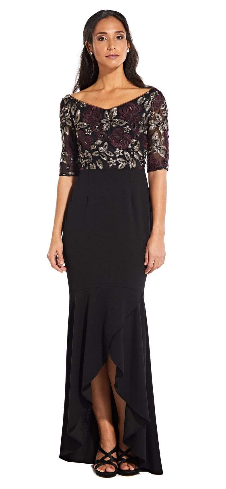 adrianna papell black high low dress Adrianna Papell High-Low Crepe Halter Gown With Organza Draping