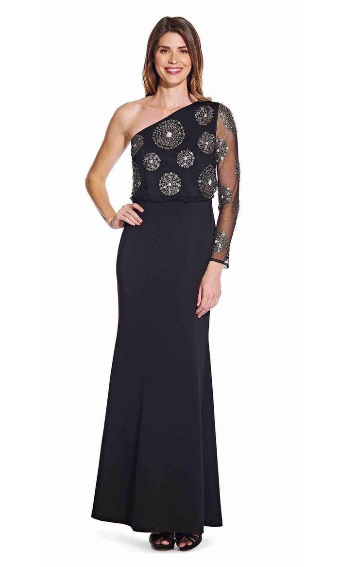 Adrianna Papell - AP1E206525 Embellished Asymmetric Trumpet Dress Evening Dresses 2 / Black Mercury