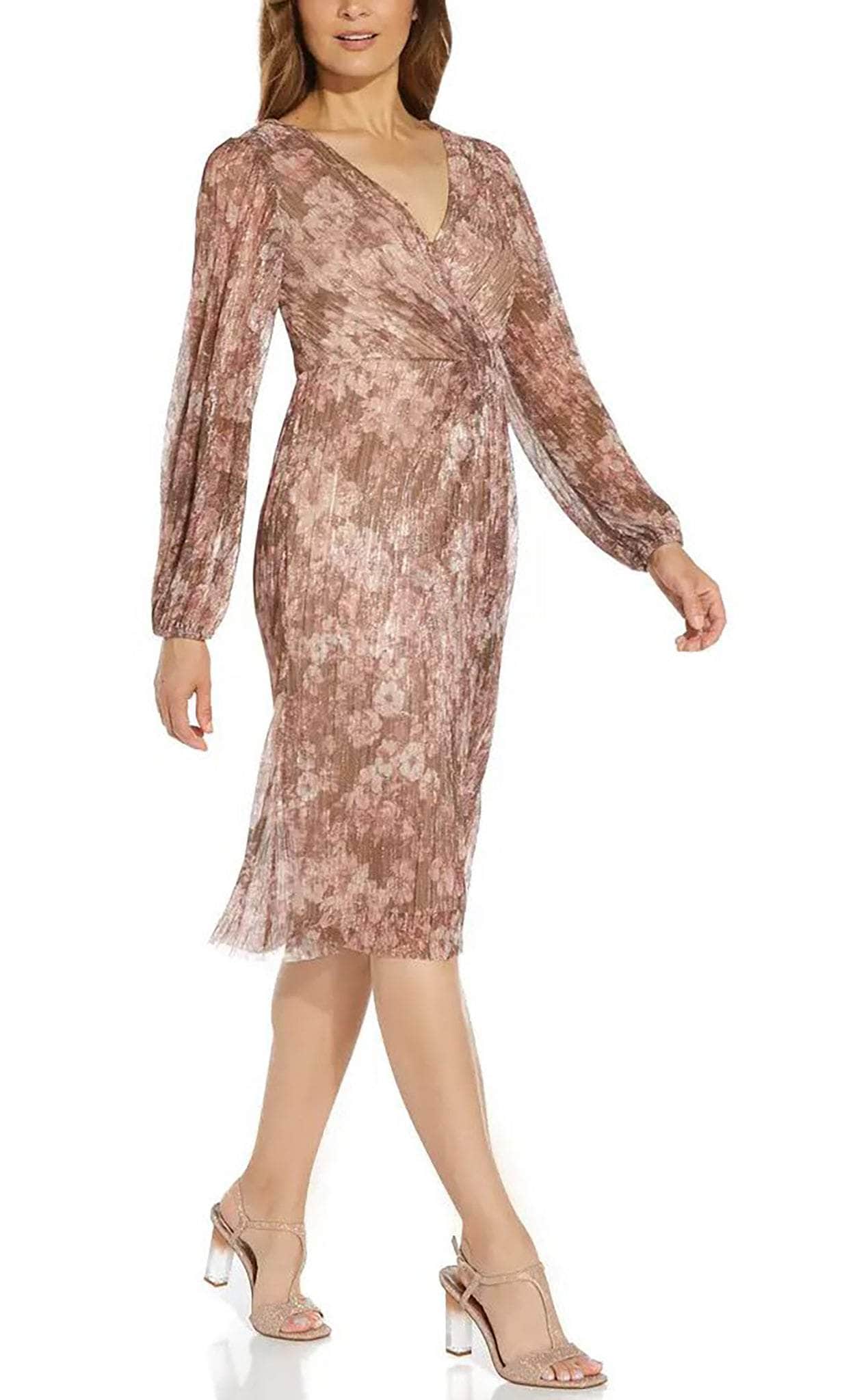 Adrianna Papell AP1E209095 - Faux Wrap Shiny Knee Length Dress Adrianna Papell AP1E209095 - Faux Wrap Shiny Knee Length Dress