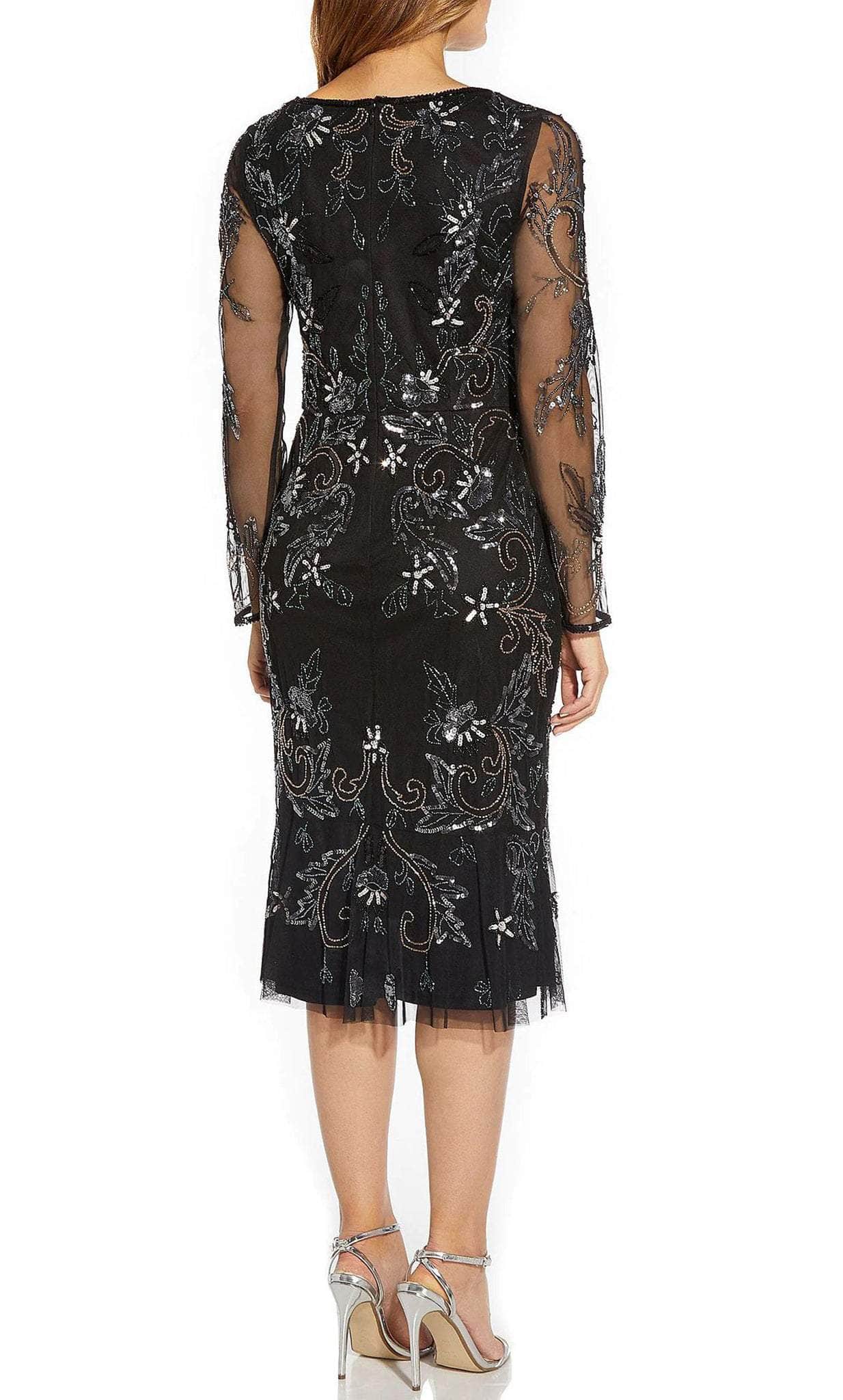Adrianna Papell Sweetheart Neck Back Zipper Long Sleeves Beaded Midi Dress Black Multi / 2 Adrianna Papell Sweetheart Neck Back Zipper Long Sleeves Beaded Midi Dress Black Multi / 2