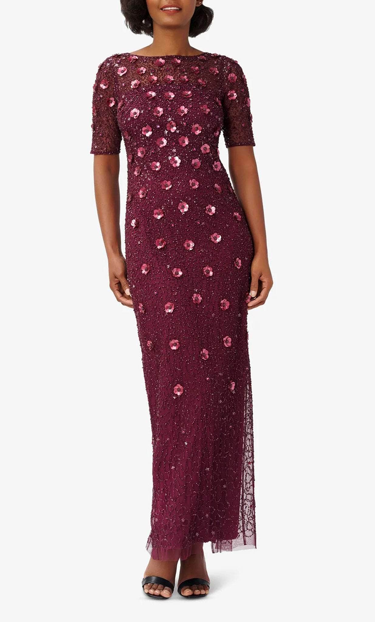Evening Gown Adrianna Papell Burgundy Sequin Dress Adrianna Papell AP1E209314 Short Sleeve 3D Floral Embellished Evening Evening Gown Adrianna Papell Burgundy Sequin Dress Adrianna Papell AP1E209314 Short Sleeve 3D Floral Embellished Evening