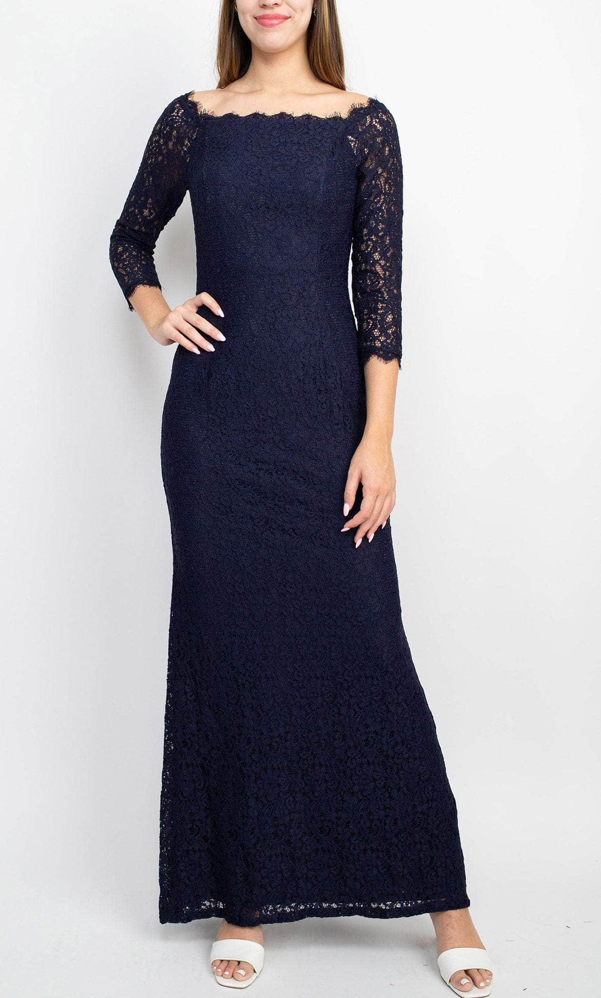 Adrianna Papell AP1E209461 - Straight-Across Neck Lace Evening Dress Adrianna Papell AP1E209461 - Straight-Across Neck Lace Evening Dress