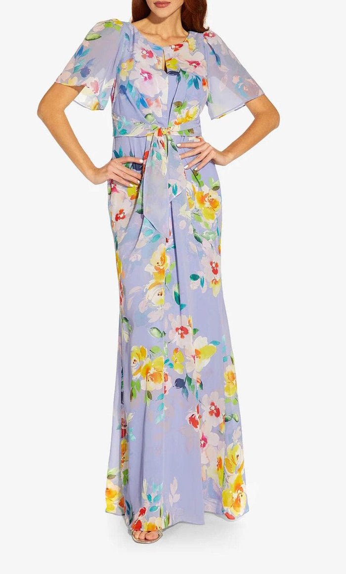 Adrianna Papell AP1E209584 - Flutter Sleeve Floral Long Dress Formal Gowns 2 / Peri Multi