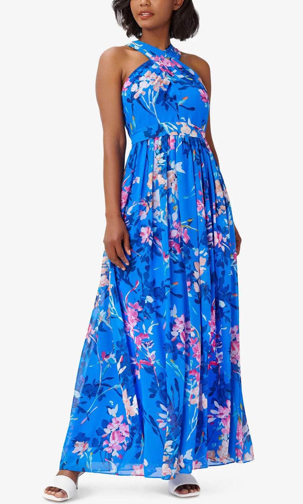 Adrianna Papell Womens Chiffon Floral Halter Dress Blue 2 Adrianna Papell Womens Chiffon Floral Halter Dress Blue 2