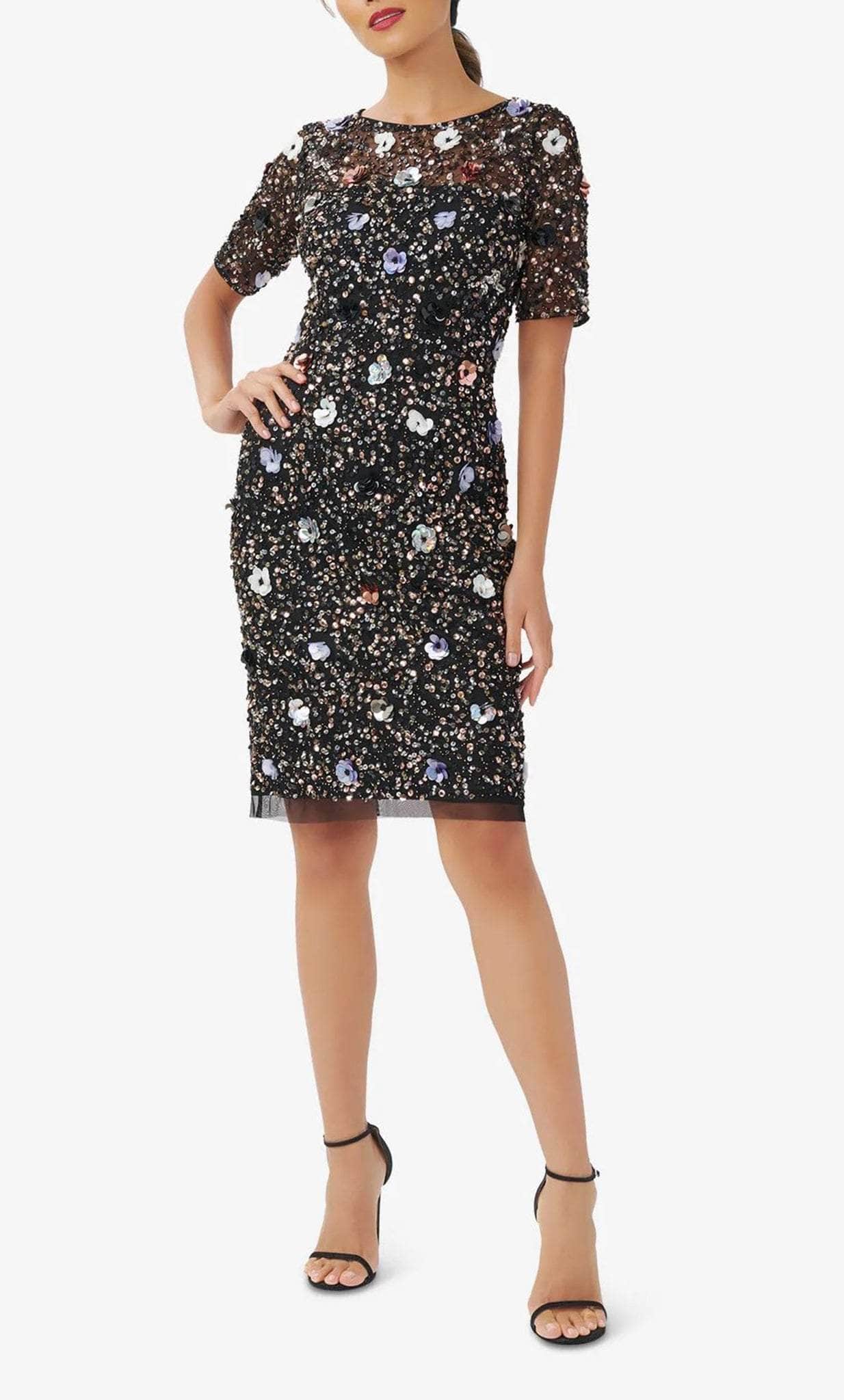 Adrianna Papell AP1E210124 - Sheer Floral Beaded Short Dress Adrianna Papell AP1E210124 - Sheer Floral Beaded Short Dress