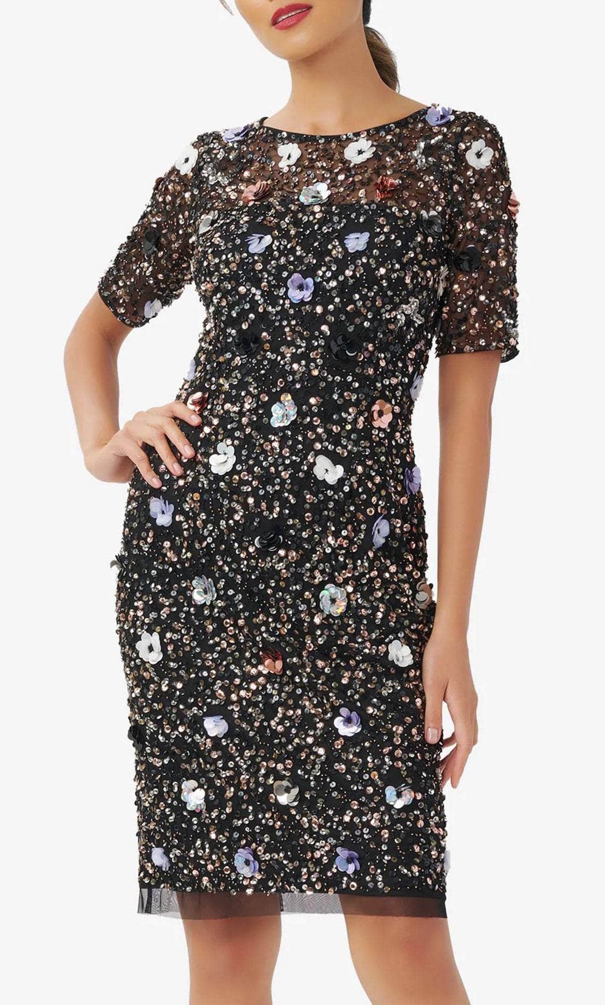 Adrianna Papell AP1E210124 - Sheer Floral Beaded Short Dress Adrianna Papell AP1E210124 - Sheer Floral Beaded Short Dress