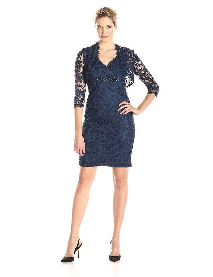Adrianna Papell - Embellished V-Neck Sheath Dress 15253710 Special Occasion Dress 2 / Deep Blue