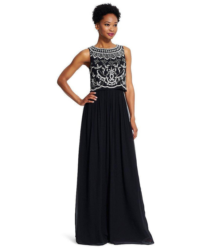 Adrianna Papell - Sequined Bateau Neck Dress 91928840 Special Occasion Dress 2 / Black Ivory