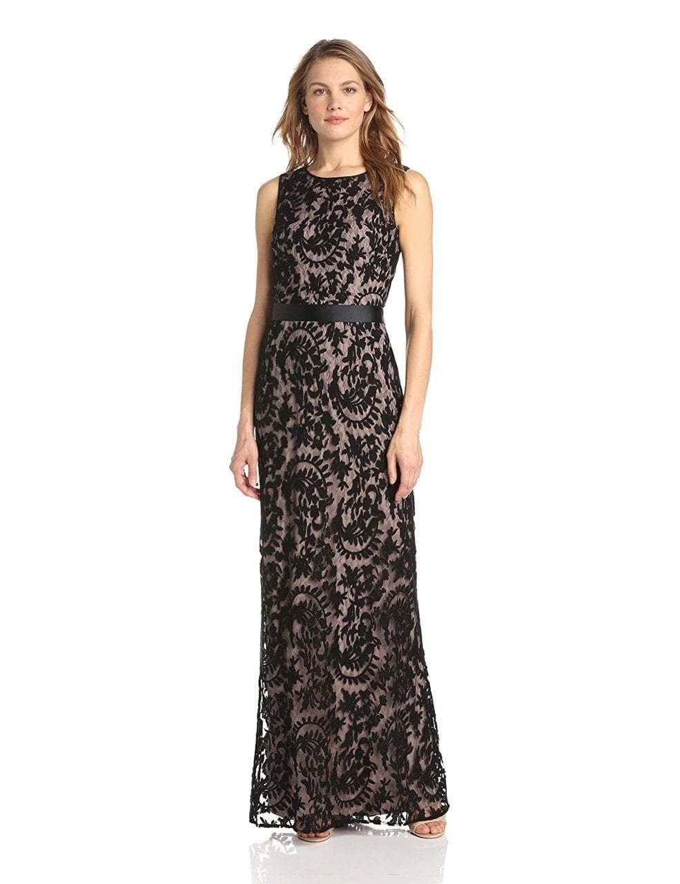 adrianna papell dress sleeveless lace sheath Sleeveless Sequin Floral Lace Gown In Midnight Multi Nude