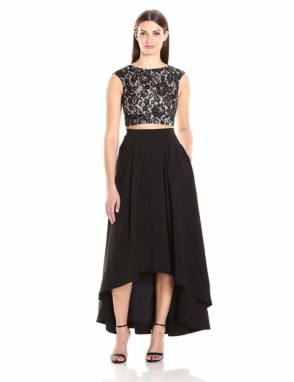 aidan mattox black lace dress Aidan by Aidan Mattox Women's Lace Top & Skirt Set - Black/Ivory