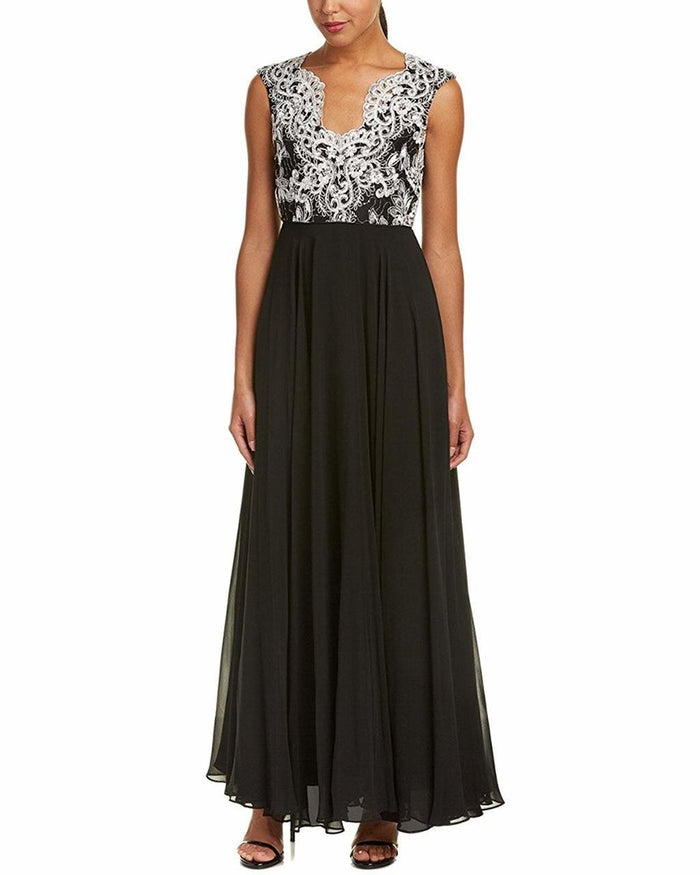 Aidan Mattox - MD1E201158 Metallic Lace Scalloped V-neck A-line Dress Special Occasion Dress 0 / Ivory Black