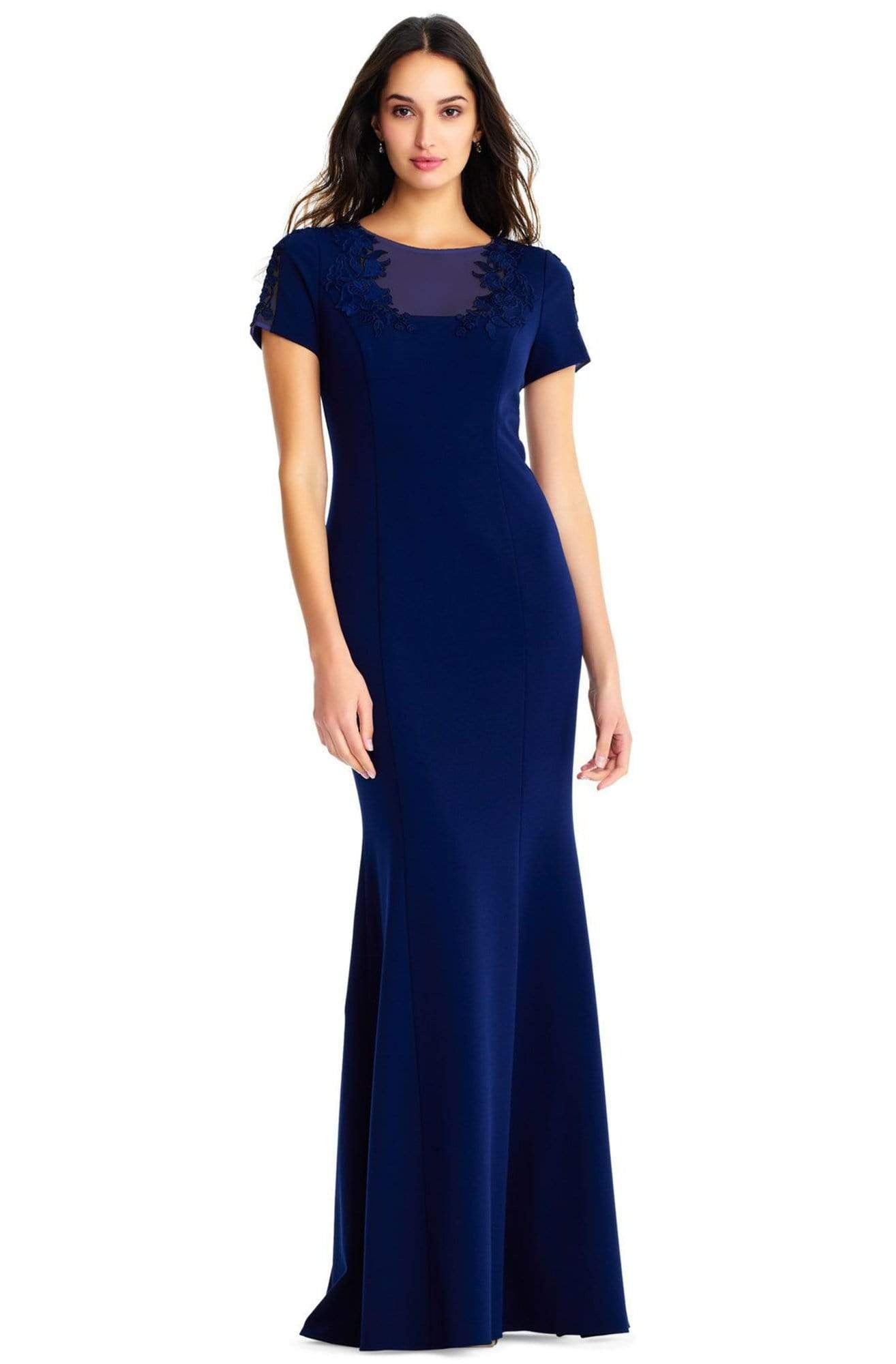 Aidan Mattox Illusion Embellished Crew Neck Short Sleeve Trumpet Keyhole Back Concealed Zipper Back Crepe Dress Navy / 4 Aidan Mattox Illusion Embellished Crew Neck Short Sleeve Trumpet Keyhole Back Concealed Zipper Back Crepe Dress Navy / 4