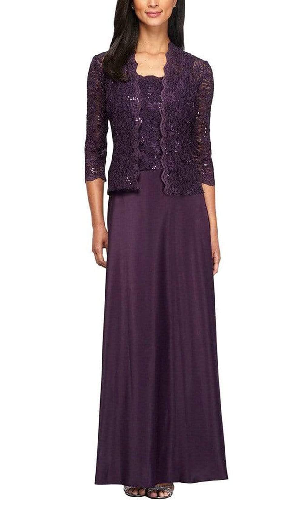 Alex Evenings Bethany Glitter Lace Jacket Dress Eggplant / 14 Alex Evenings Bethany Glitter Lace Jacket Dress Eggplant / 14