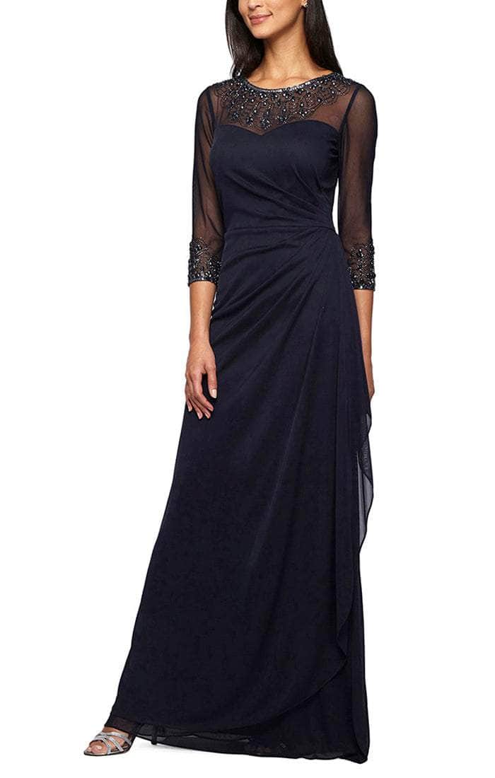 Alex Evenings Women's Beaded Illusion Neckline Gown - Dark Navy