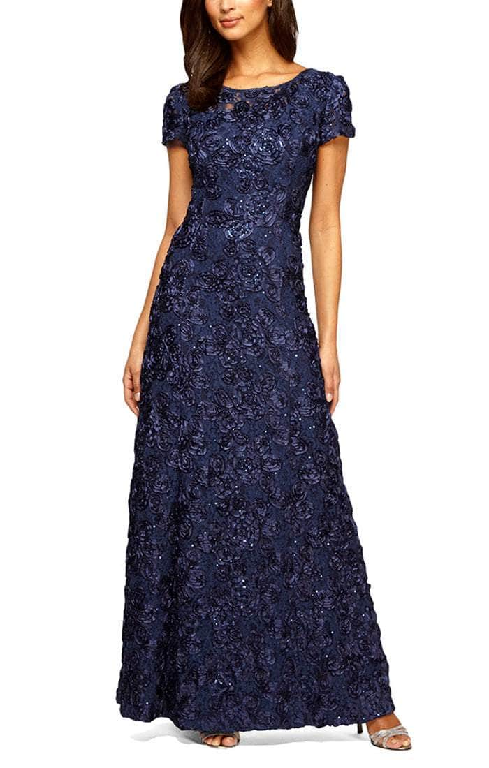 Alex Evenings Petite Evelyn Rosette Lace Long Gown Navy / 10P Alex Evenings Petite Evelyn Rosette Lace Long Gown Navy / 10P