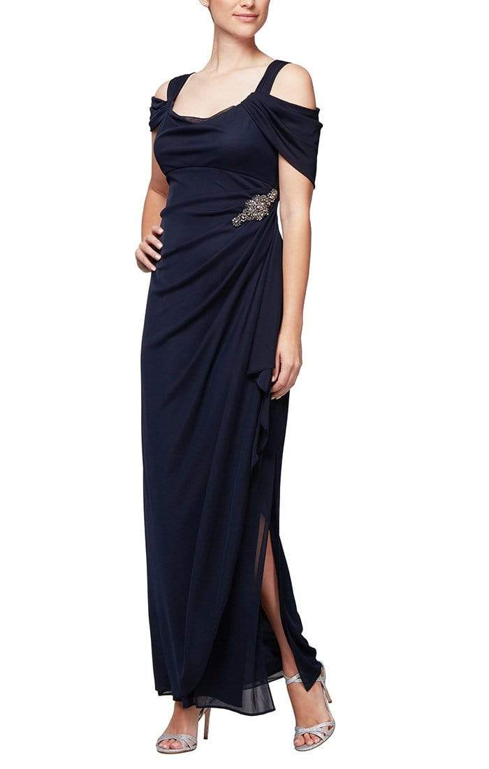 Alex Evenings Womens Petites Beaded Cold Shoulder Formal Dress Navy 6P Alex Evenings Womens Petites Beaded Cold Shoulder Formal Dress Navy 6P