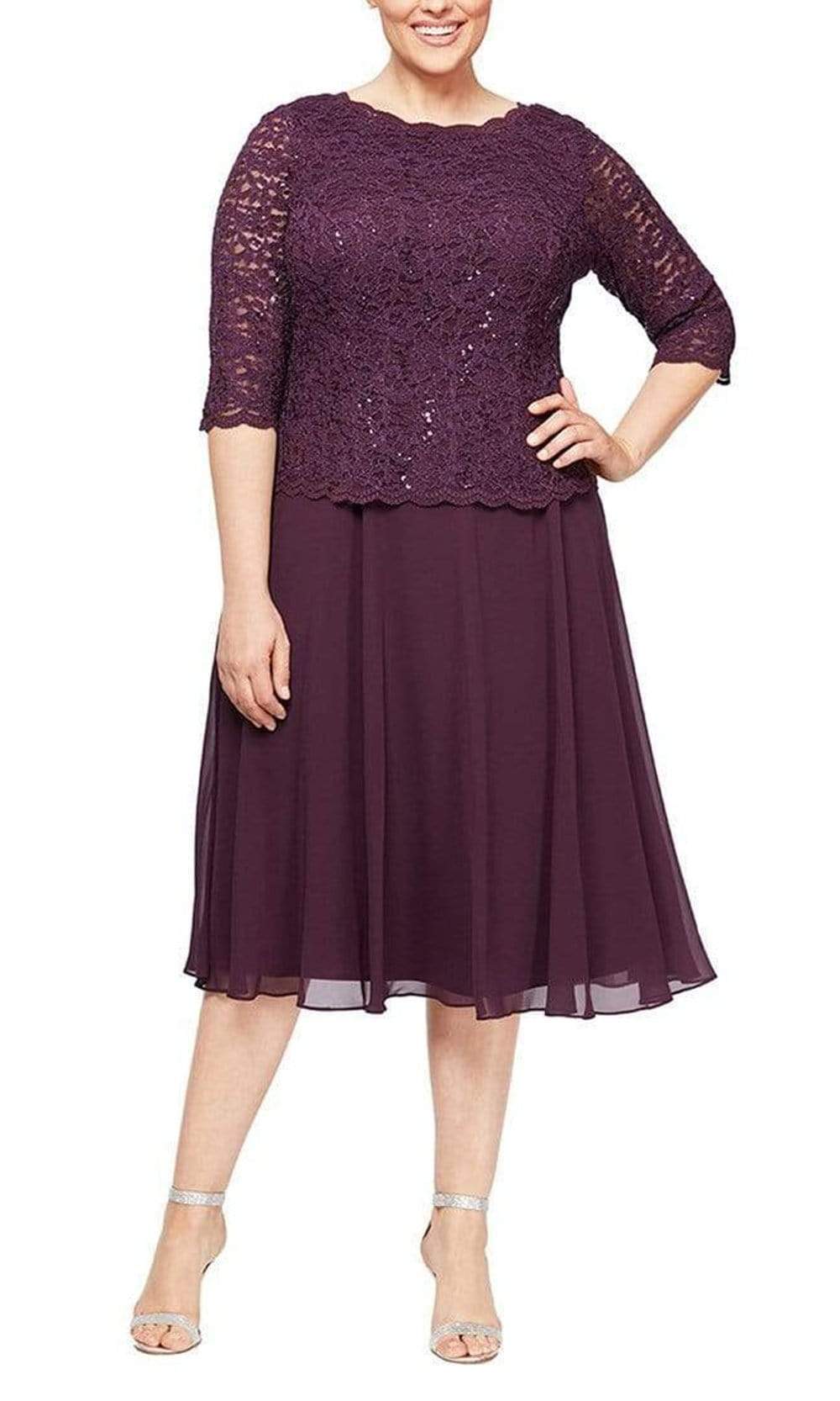 Alex Evenings Plus Bella Sequin Lace Dress Deep Plum / 14W Alex Evenings Plus Bella Sequin Lace Dress Deep Plum / 14W