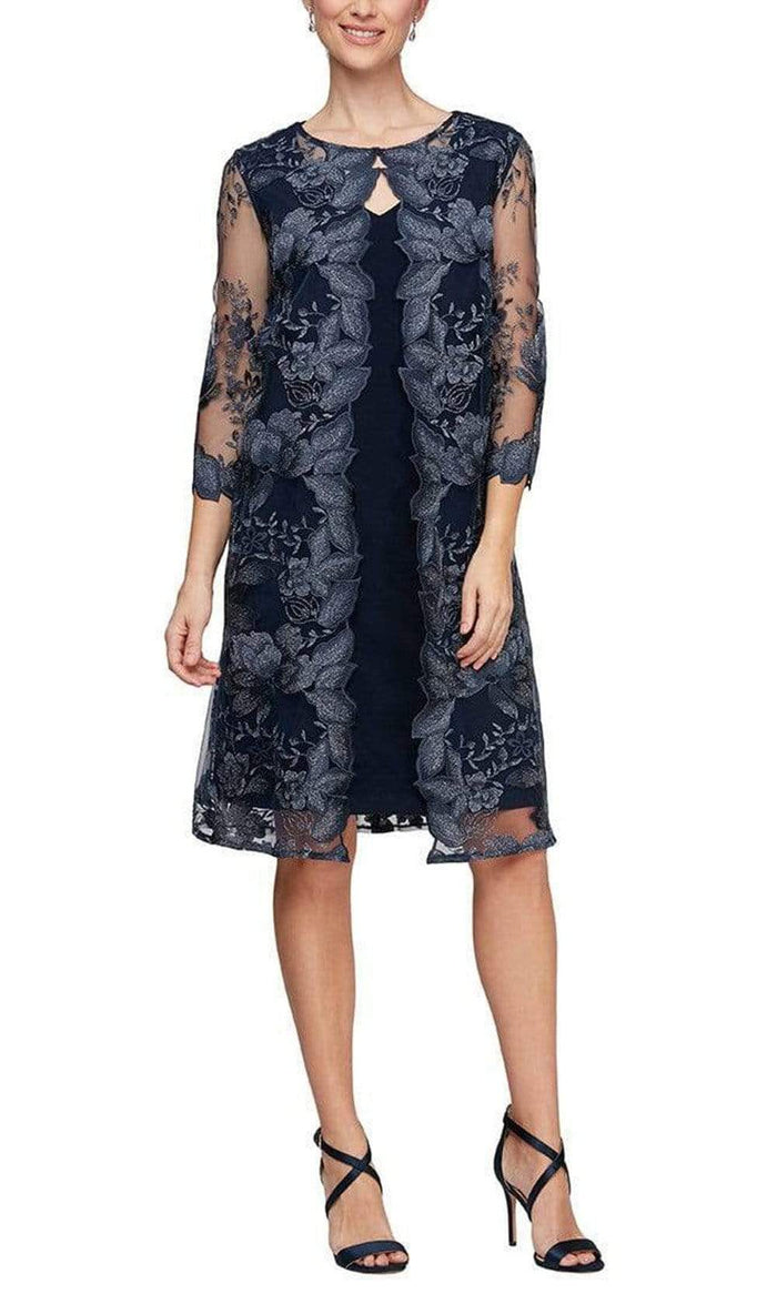 Alex Evenings - 81122202 Embroidered Lace Mock Jacket Jersey Dress Mother of the Bride Dresses 16 / Navy