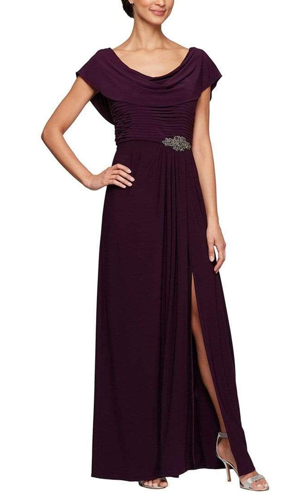 Alex Evenings Petite Embellished-Waist Cowlneck Gown - Eggplant - Size 12p Alex Evenings Petite Embellished-Waist Cowlneck Gown - Eggplant - Size 12p