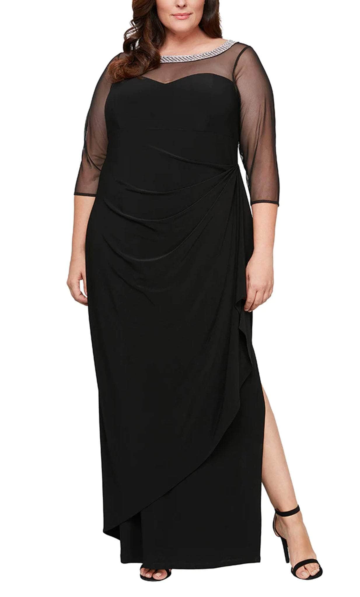 Alex Evenings Plus Size Illusion-Trim Ruffled Gown - Black - 22W Alex Evenings Plus Size Illusion-Trim Ruffled Gown - Black - 22W