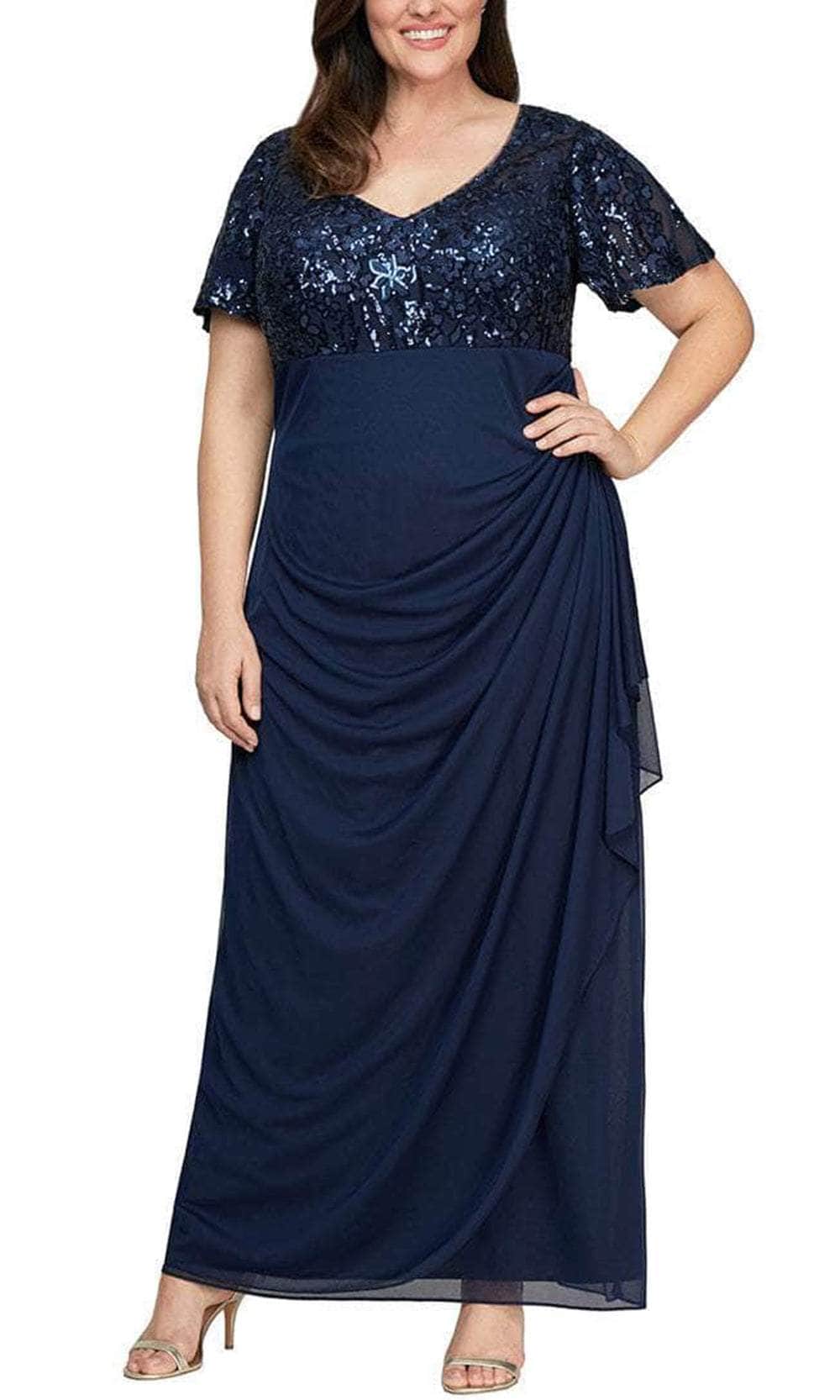 Alex Evenings Womens Plus Sequined Flutter Sleeve Formal Dress Navy 18W Alex Evenings Womens Plus Sequined Flutter Sleeve Formal Dress Navy 18W