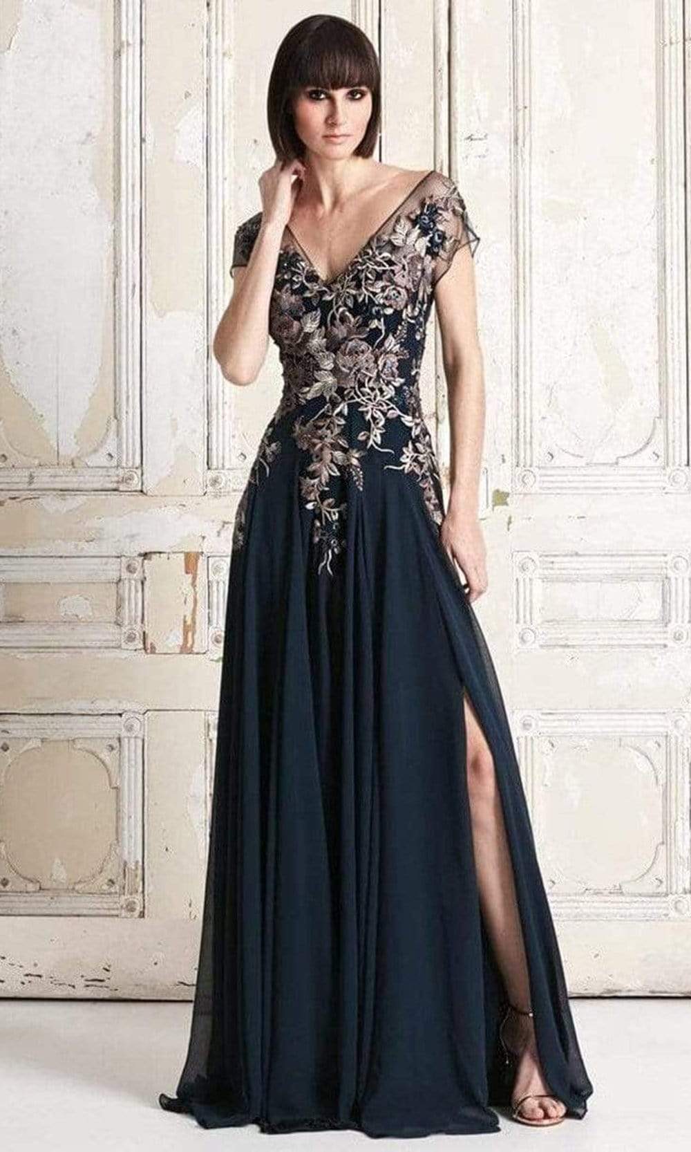 Alexander by Daymor - 758 Floral Embroidered Wide V-Neck A-Line Dress 20 / Navy - Shop Alexander by Daymor Dresses On Couture Candy at Alexander by Daymor - 758 Floral Embroidered Wide V-Neck A-Line Dress 20 / Navy - Shop Alexander by Daymor Dresses On Couture Candy at