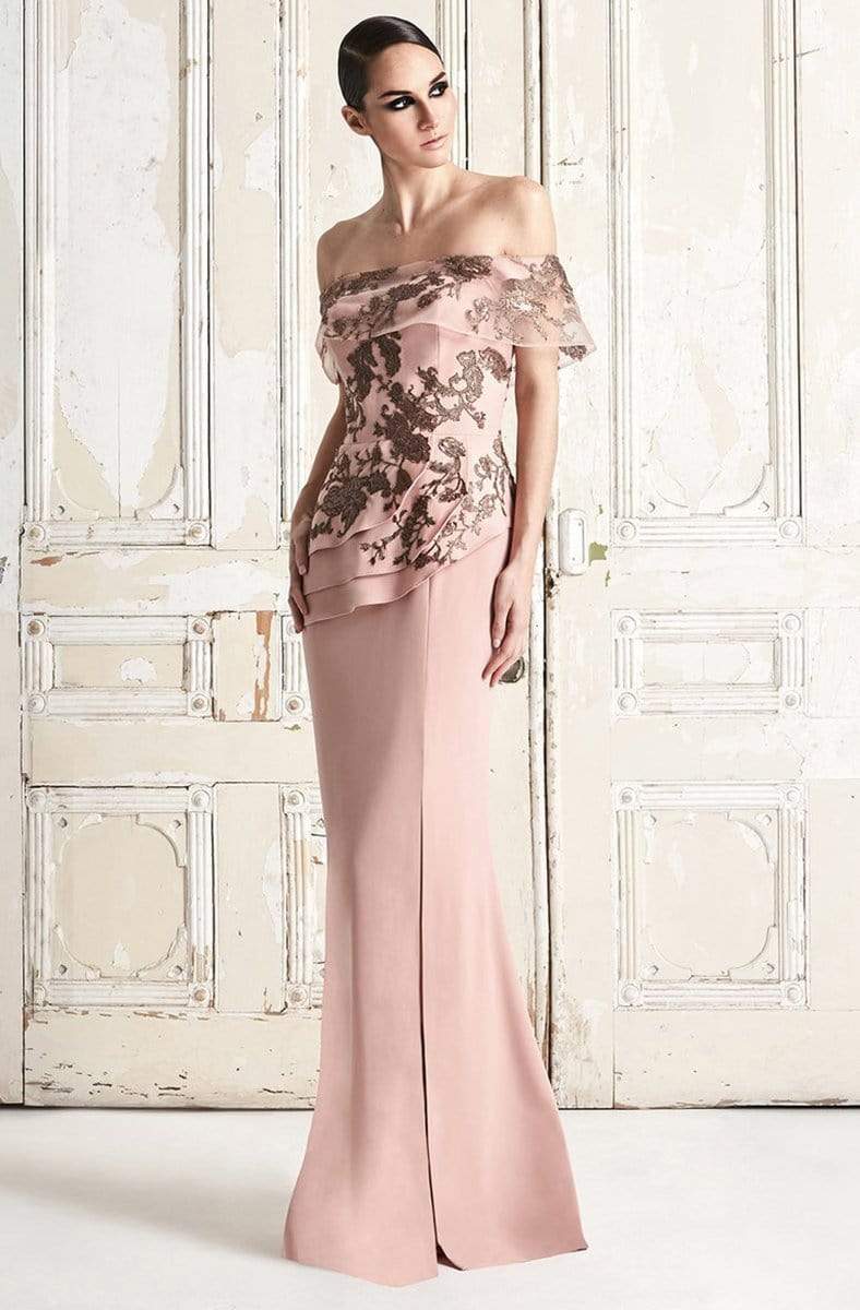 Alexander by Daymor - 773 Embroidered Off Shoulder Peplum Dress 14 / Buff - Shop Alexander by Daymor dresses on Couture Candy at CoutureCandy.com Alexander by Daymor - 773 Embroidered Off Shoulder Peplum Dress 14 / Buff - Shop Alexander by Daymor dresses on Couture Candy at CoutureCandy.com