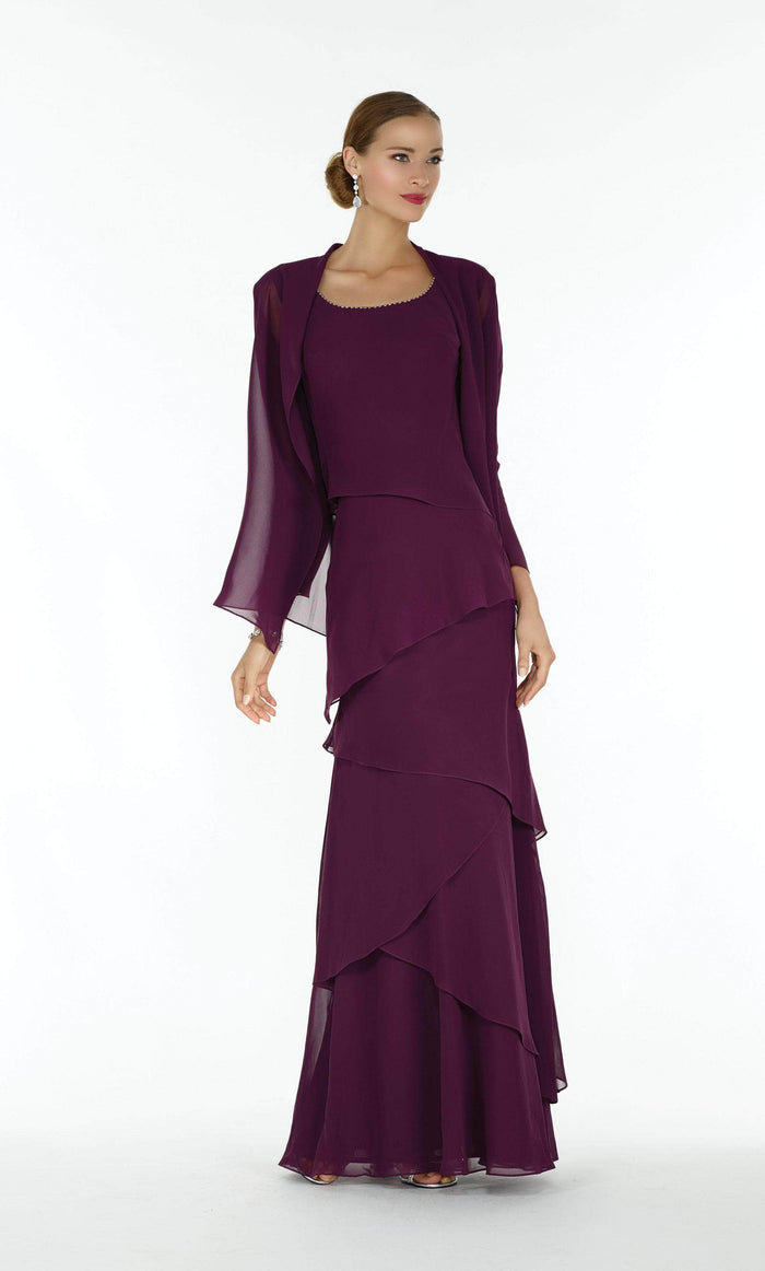 Alyce Paris - 29292 Layered Chiffon Dress with Long Sleeved Jacket CCSALE 16 / Eggplant