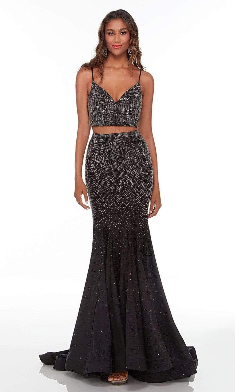 black and silver two piece dress Black Two Piece A-line Satin Long Formal Prom Dresses with Slit