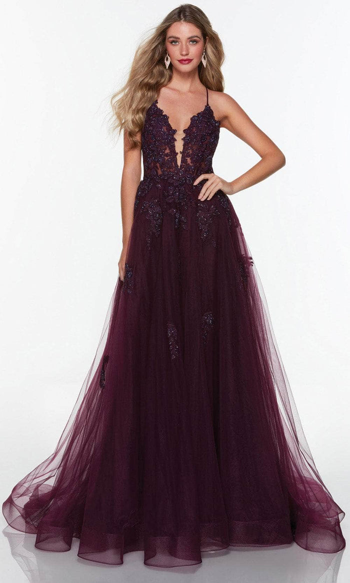 Alyce Paris 61263 - Lace Applique V-Neck Prom Ballgown Special Occasion Dress 000 / Black Plum