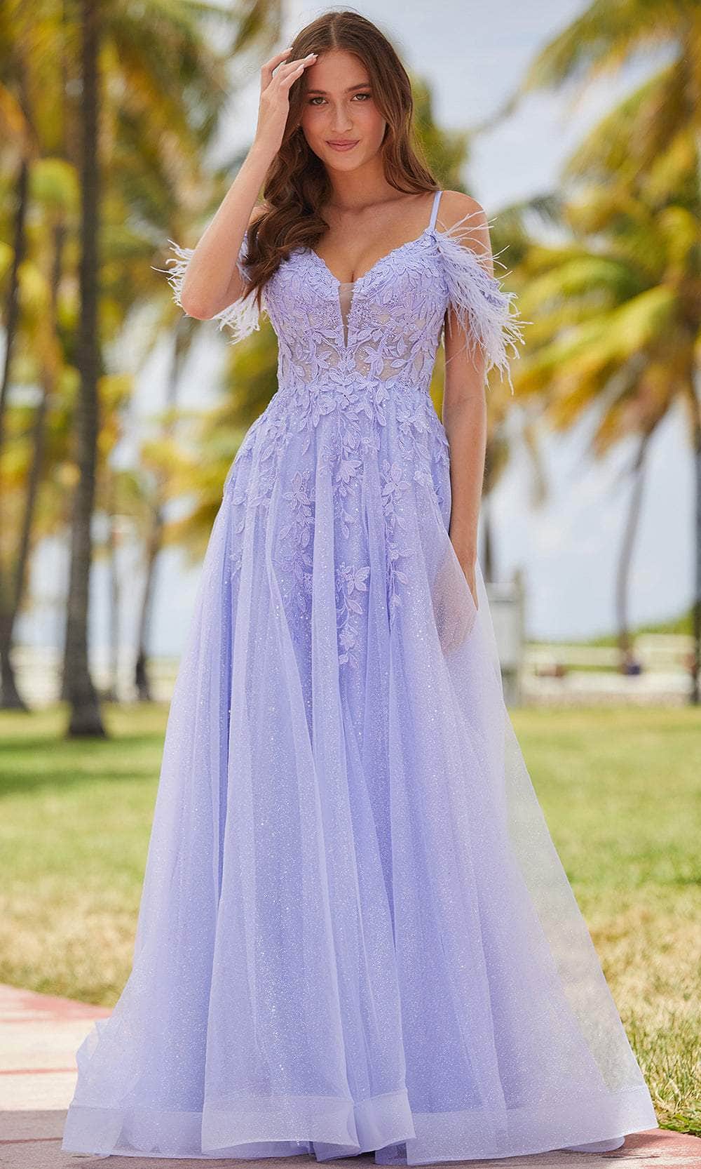 off the shoulder periwinkle dress Ava Presley Off Shoulder Ruffle Prom Dress 29544 Periwinkle / 00