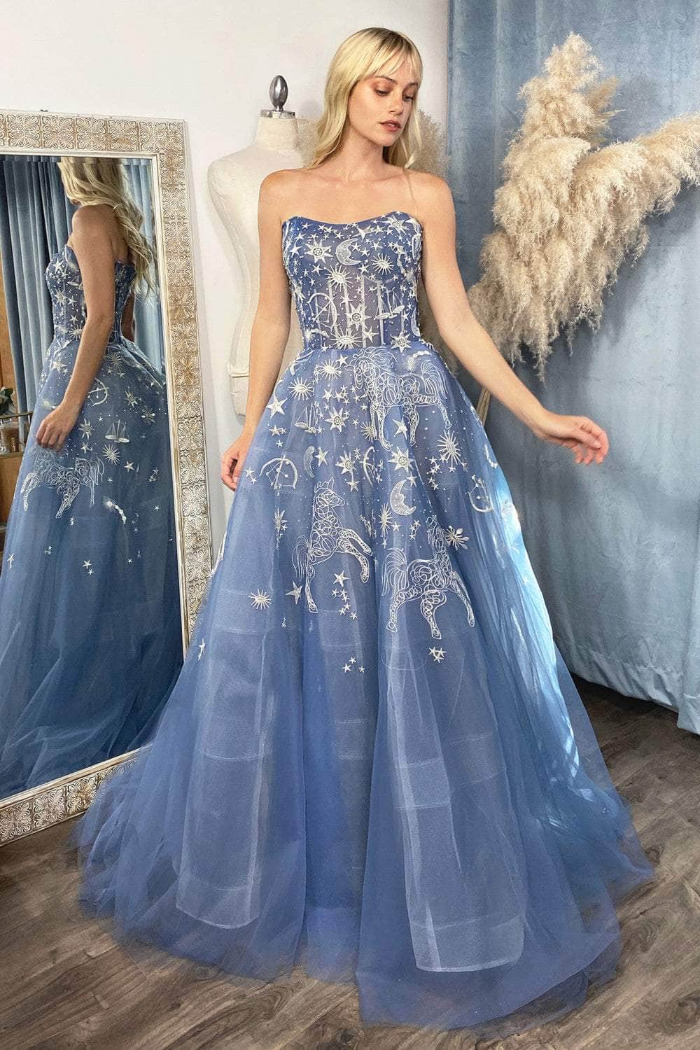 dreamy prom dresses High Neck Tulle Sky Blue Long Prom Dress with Embroidery PG860 US10 / Sky Blue