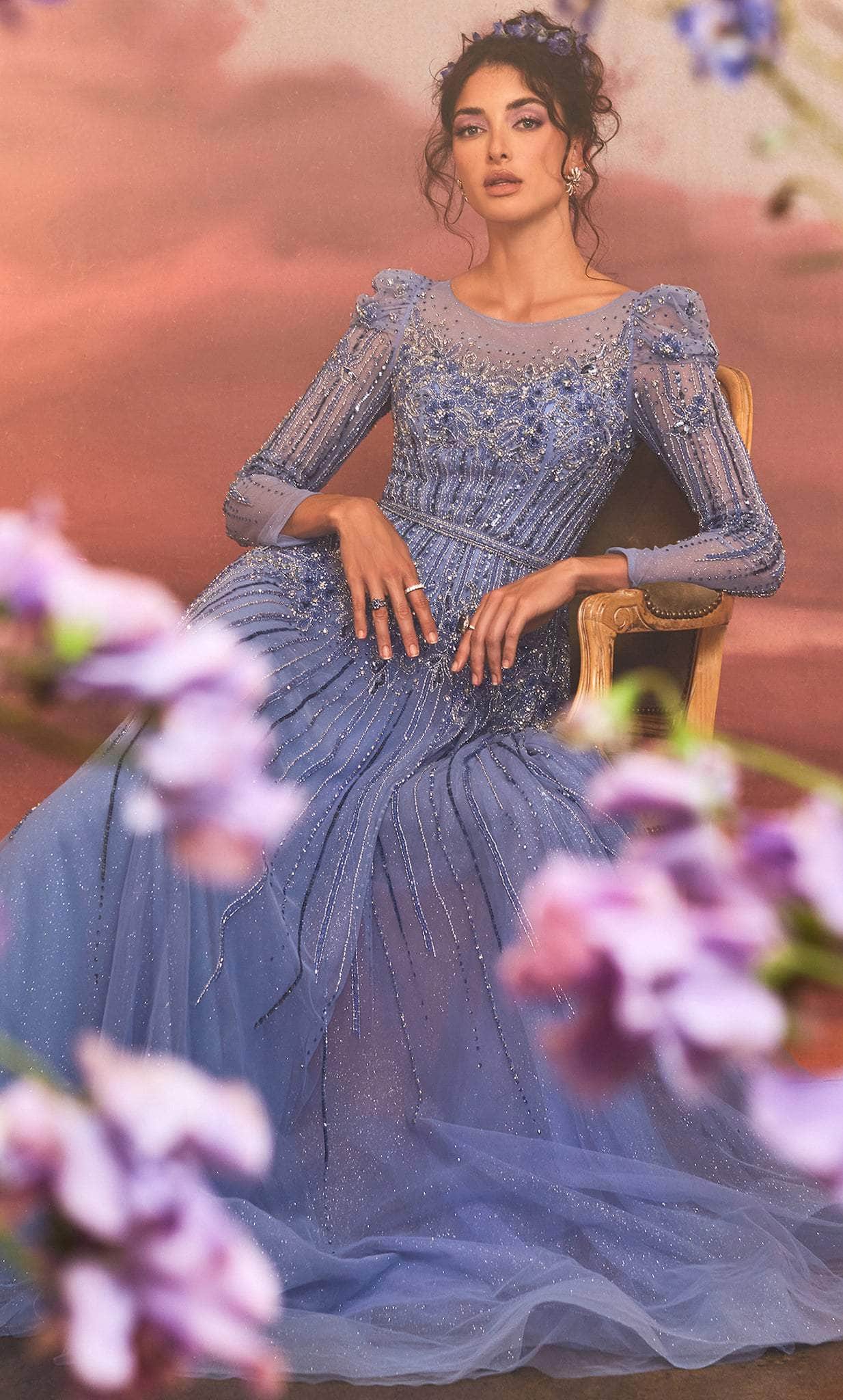 Andrea and Leo A1167 - Highly Embellished Long Sleeved Dress 12 / Blue Andrea and Leo A1167 - Highly Embellished Long Sleeved Dress 12 / Blue