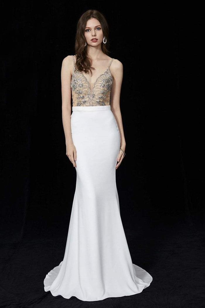 Angela & Alison - 81047 Crystal Embellished Plunging Mermaid Gown Special Occasion Dress 0 / Ivory