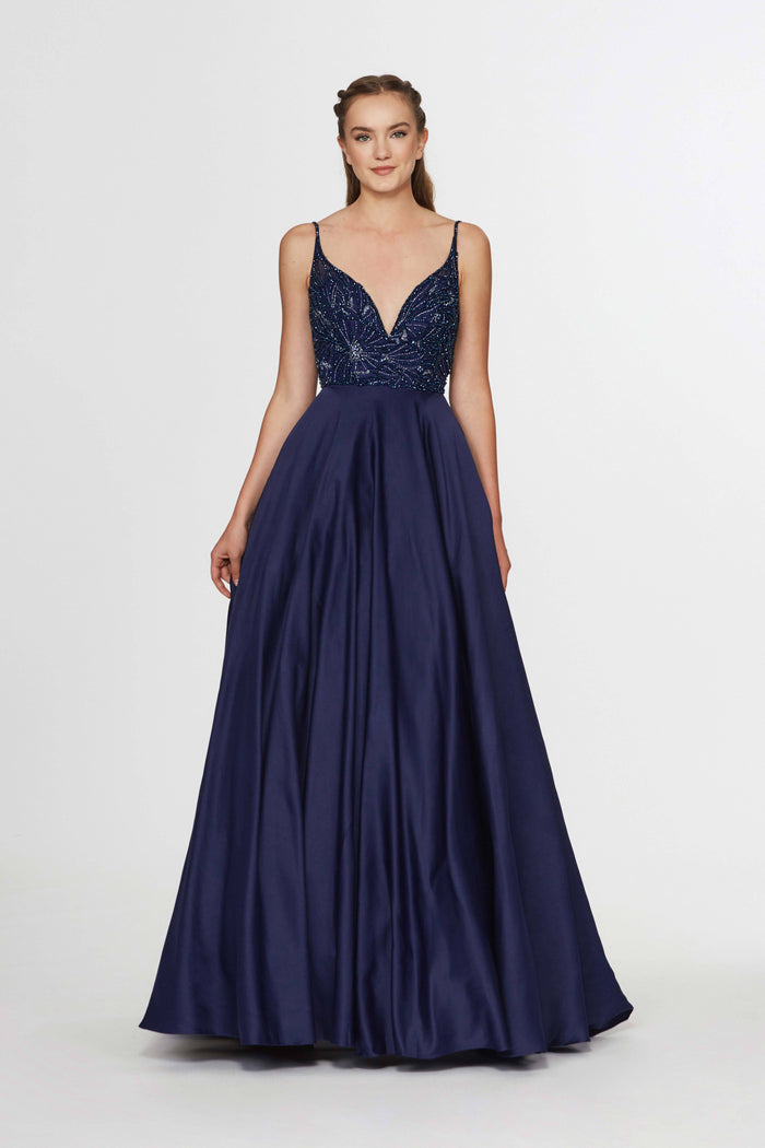 Angela & Alison - 91001 Sleeveless Low Scoop Back Beaded Satin Gown Special Occasion Dress 0 / Navy