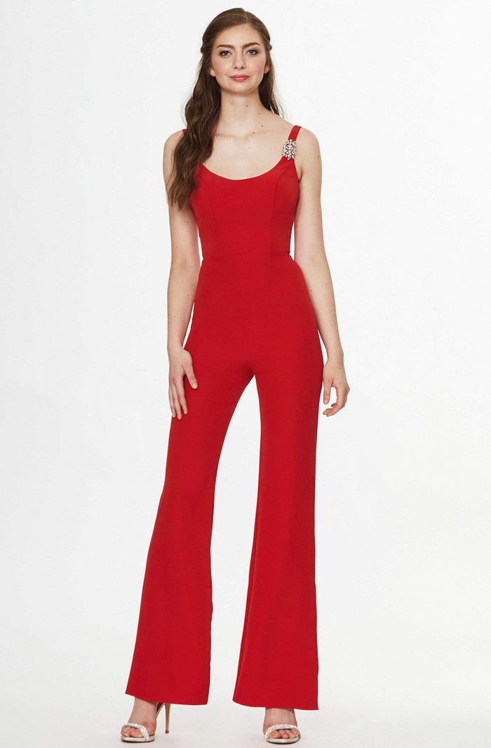 Angela & Alison - 91008 Brooch Accented Flared Jumpsuit Special Occasion Dress 0 / Hot Red