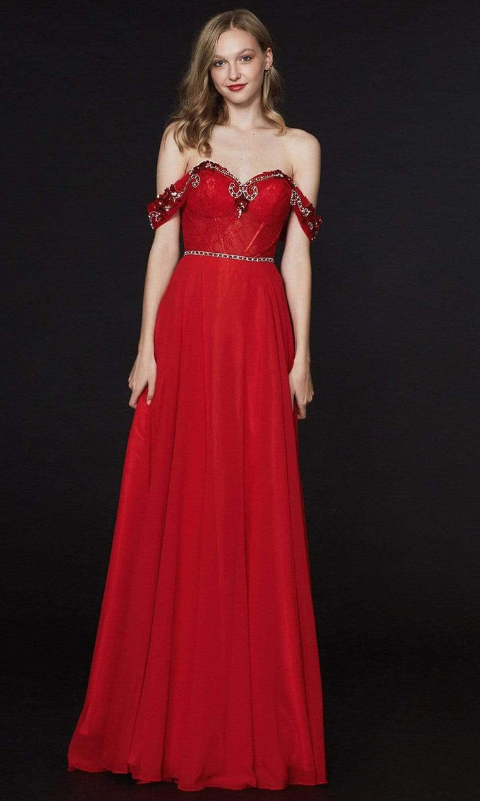 Angela & Alison - 91012 Beaded Lace Off Shoulder Corset Gown Prom Dresses 0 / Hot Red